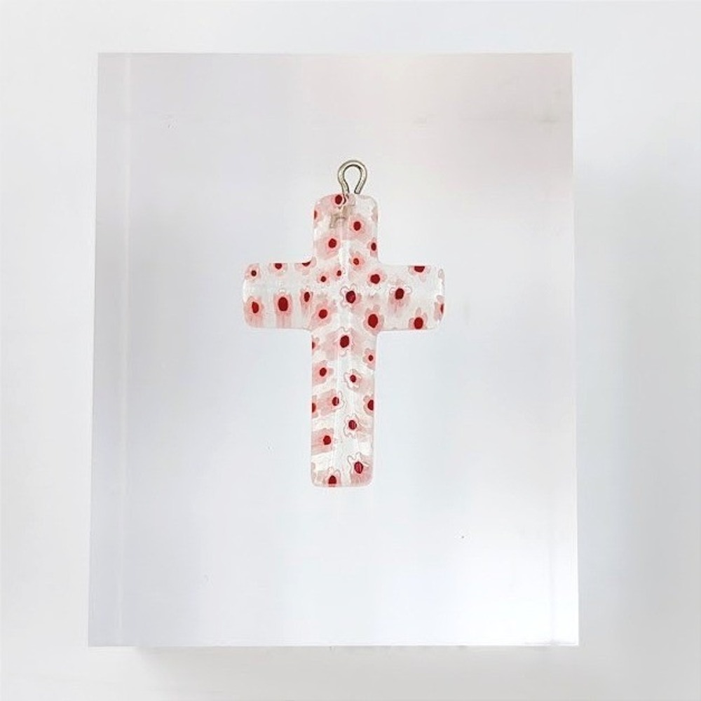 VTG Millefiori Art Glass Cross Pendant Pink Floral Crucifix Artisan‎